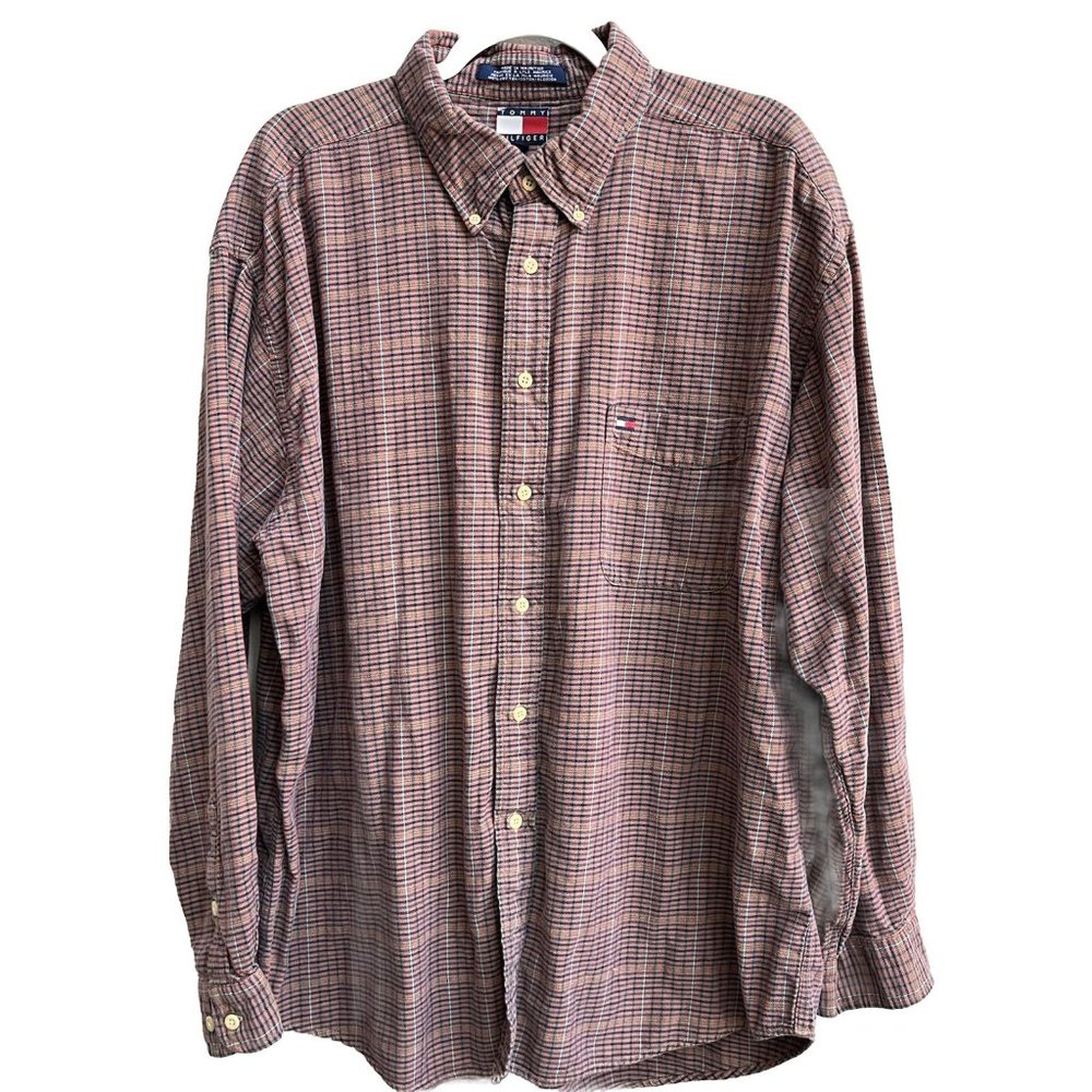 VTG 90s Tommy Hilfiger Button Down Shirt Mens XXL Red Blue Plaid Long Sleeve Y2K
